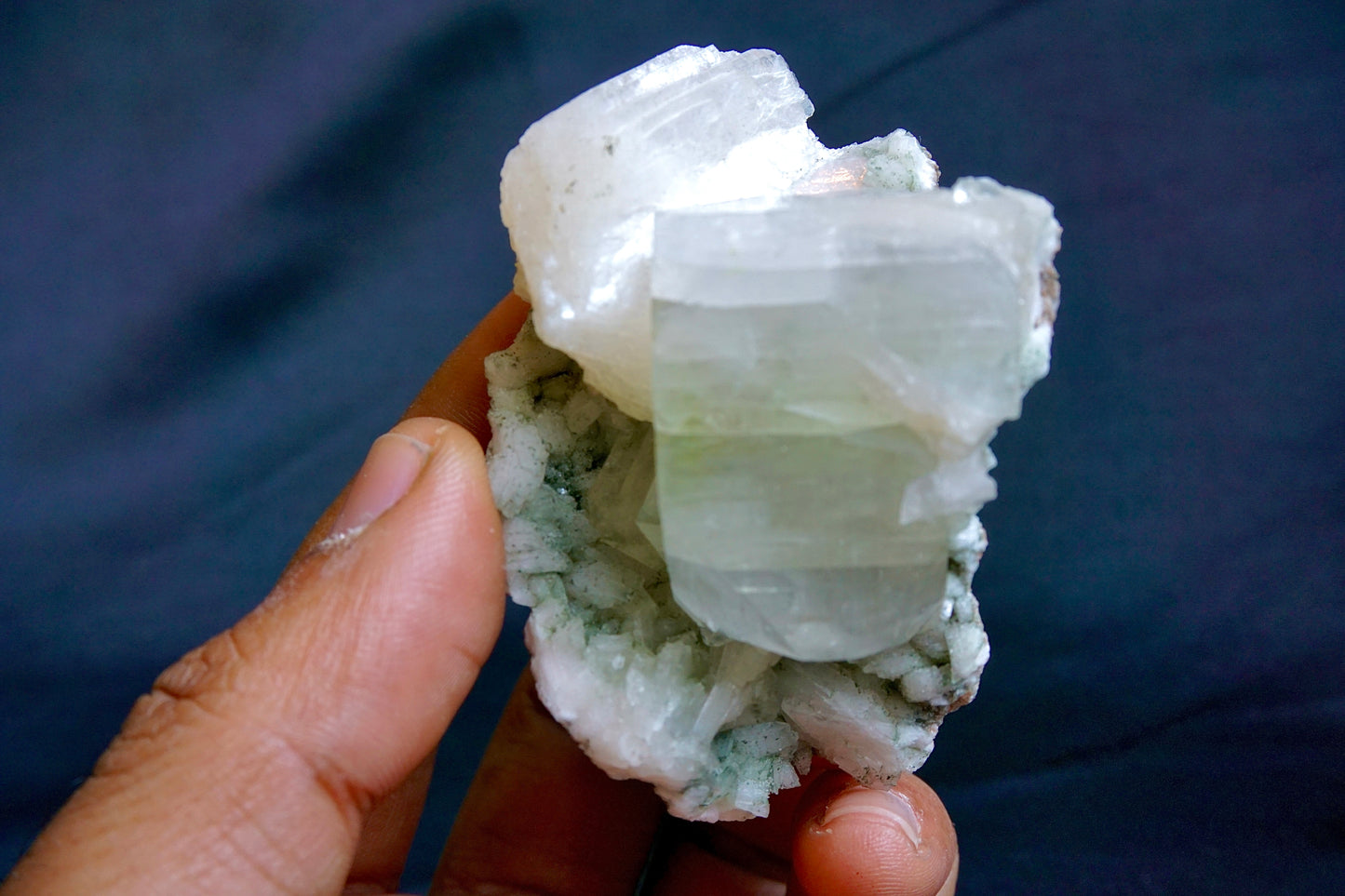 ES-ZM10009 - Big green Apophyllite with Stilbite on Heulandite
