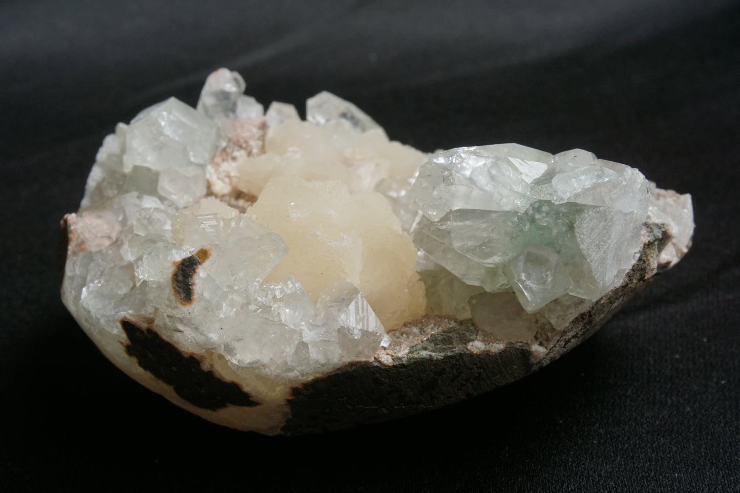 ES-ZM10076 - Clear Apophyllite with Shiny Stilbite on Chalcedony