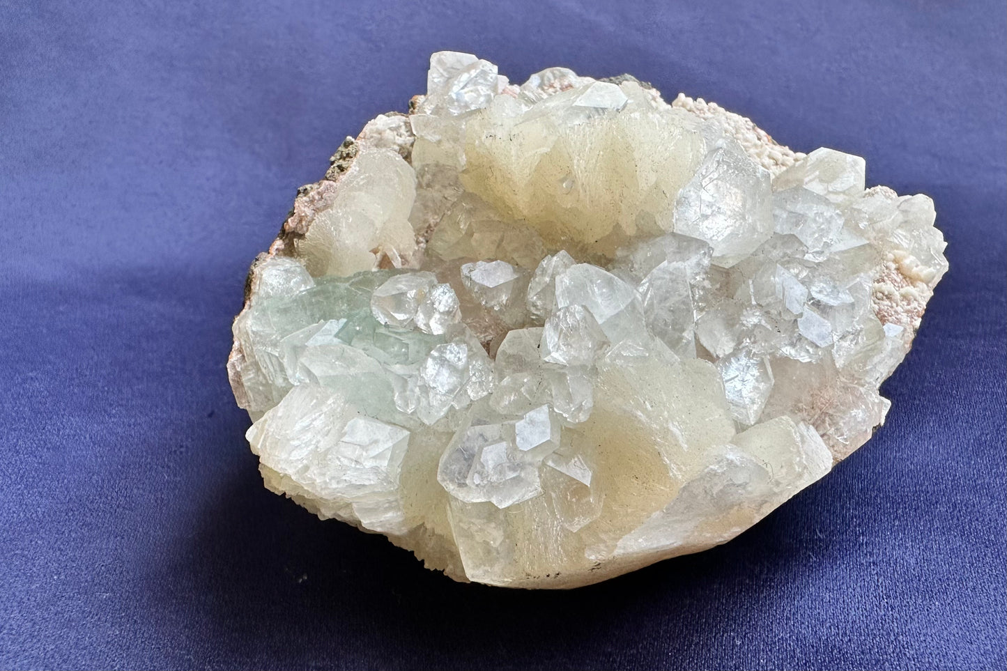 ES-ZM10108 - Light Green Apophyllite with white shiny Stilbite on Chalcedony